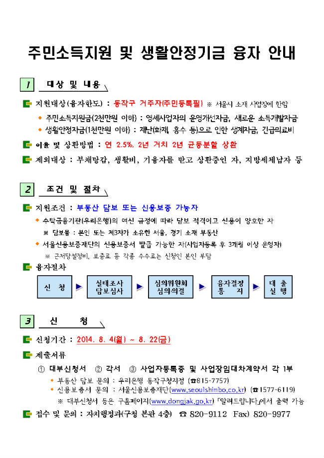우리구 영세사업자 및 주민에게 저리로 기금을 융자합니다. 주민소득지원금(2천만원이하), 생활안정자금(1천만원이하) 이율 및 상환 : 연 2.5%, 2년 거치 2년 균분상환  신청기간 : 2014. 8. 4(월) ~ 8. 22(금) 신청장소 : 구청 자치행정과(☎ 820 - 9112)