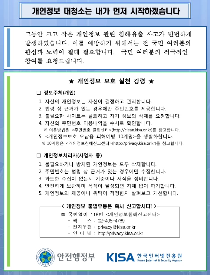 개인정보 보호 실천 강령 정보주체(개인) 1. 자신의 개인정보는 자신이 결정하고 관리합니다. 2. 법령상 근거가 있는 경우에만 주민번호를 제공합니다. 3. 불필요한 사이트는 탈퇴하고 자기 정보의 삭제를 요청합니다. 4. 자신의 주민번호 이용내역을 수시로 확인합니다. 5. <개인정보보호 오남용 피해예방 10계명>을 생활화합니다. 개인정보처리자(사업자 등)1. 불필요하거나 방치된 개인정보는 모두 삭제합니다. 2. 주민번호는 법령상 근거가 있는 경우에만 수집합니다. 3. 과도한 수집이 없는지 기준이나 서식을 정보합니다. 4. 안전하게 보관하며 목적이 달성되면 지체없이 파기합니다. 5. 개인정보의 제공이나 위탁이 적정한지 살펴보고 개선합니다. 국번없이 118번<개인정보침해신고센터>