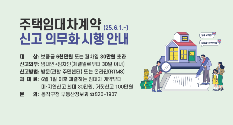 주택임대차계약 신고 의무화 시행(25.6.1.~)

⊙ 대 상 : 보증금 6천만원 또는 월차임 30만원 초과
⊙ 신고의무 : 임대인+임차인(체결일로부터 30일 이내)
⊙ 신고방법 : 방문(관할 주민센터) 또는 온라인(RTMS)
⊙ 과 태 료 : 미·지연신고 최대 30만원, 거짓신고 100만원
※ 외국인과의 임대차계약도 동일한 신고 의무 발생
⊙ 문의처 : 동작구청 부동산정보과(☎820-1907)